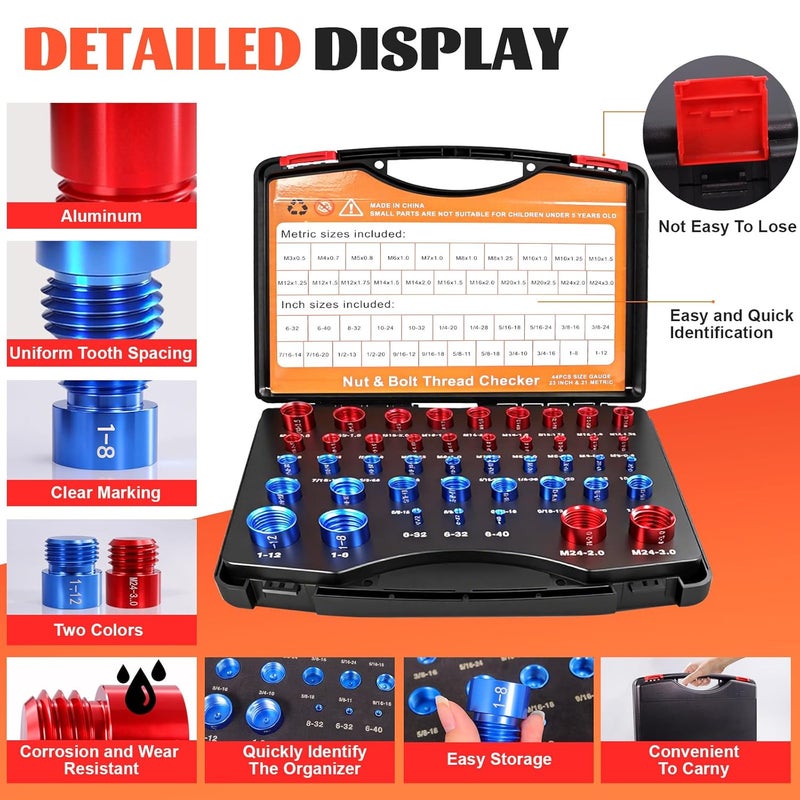 SBGGRL 44 Pcs Thread Gauge SAE and Metric, Nut and Bolt Thread Screw Checker Tool Set, Universal Standard Inch & Metric Hole Sizing Measuring for Quickly Identify and Verify with Storage Case - Image 3